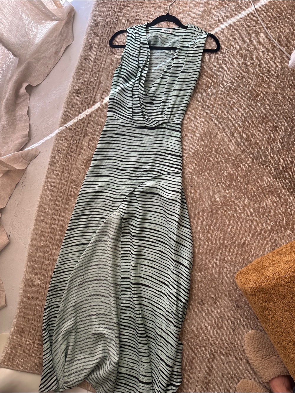 Kenzo Mint Green and Black Striped Draped Maxi Dress